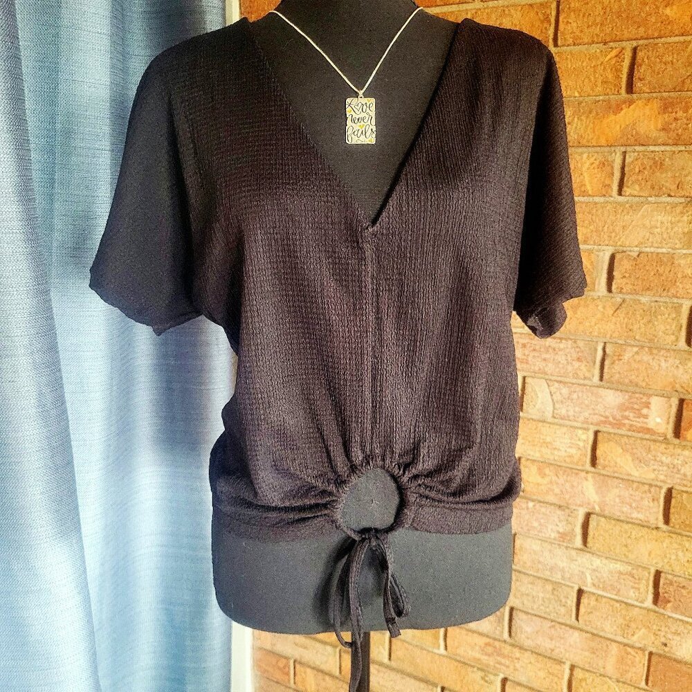 ZARA Black Short Sleeve Textured Fabric, V-Neck Cinch Loop Front Tie - Size M